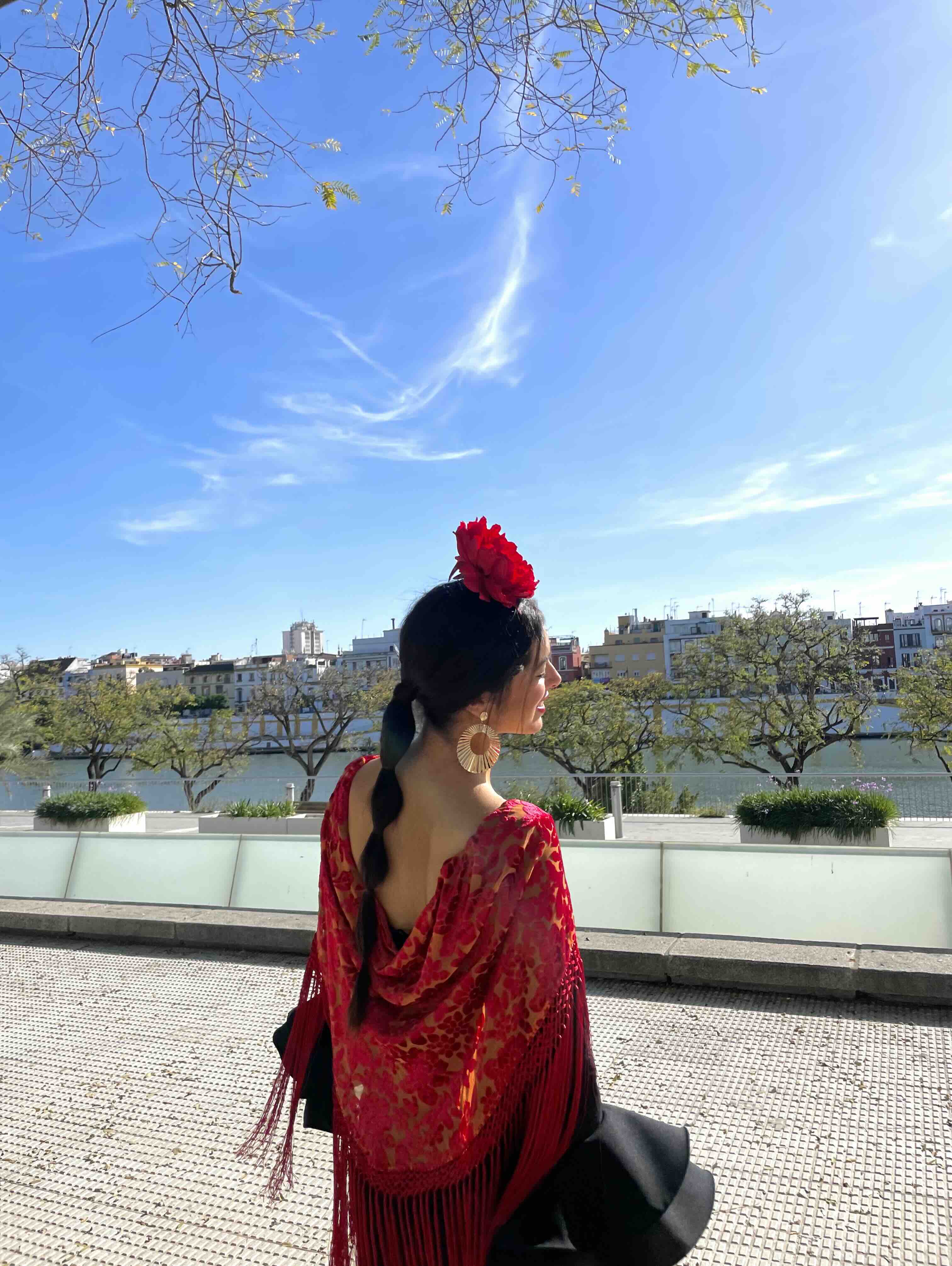 Alquiler Vestido de flamenca negro con mantón rojo | Jointy
