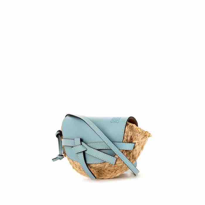 Alquiler Bolso bandolera Loewe Gate mini en cuero azul y raffia beige | Jointy