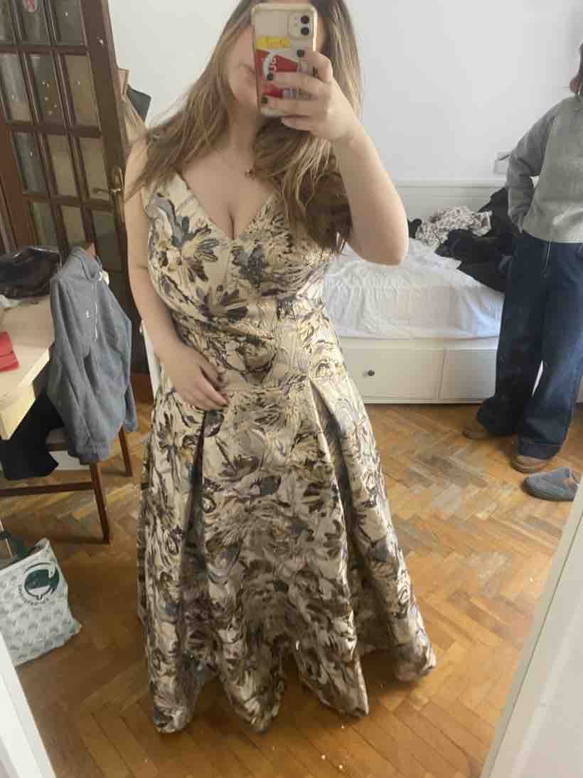 Alquiler Vestido largo brocado Adolfo Domínguez dorado/negro – invitada boda (Talla 40) | Jointy