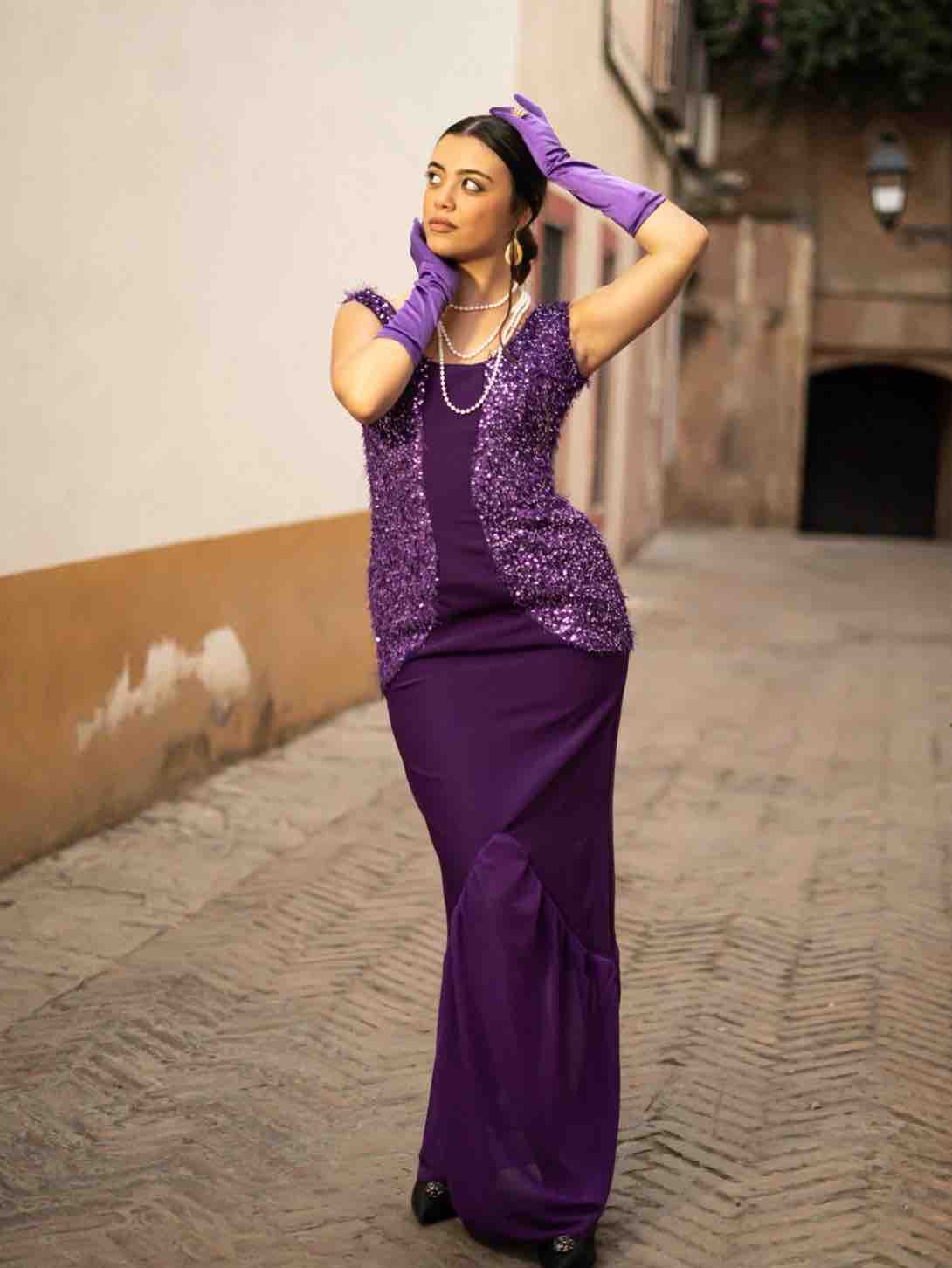 Alquiler Vestido de invitada morado con lentejuelas no | Jointy
