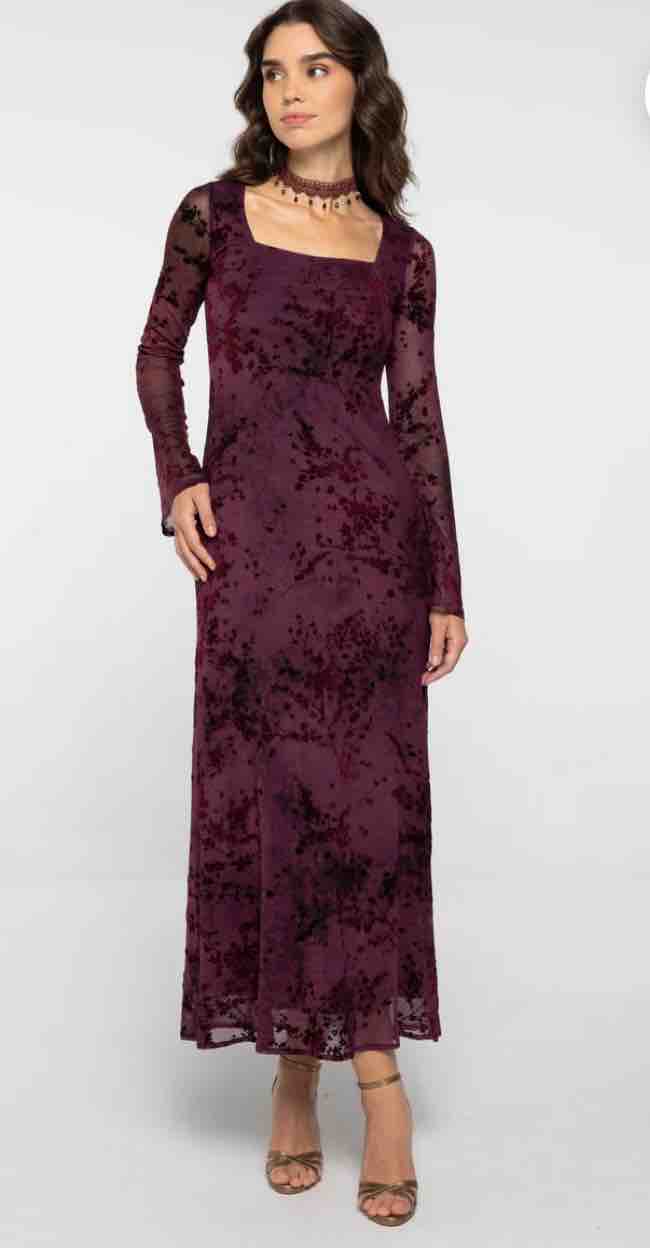 Alquiler Vestido midi de terciopelo burdeos estampado floral | Jointy